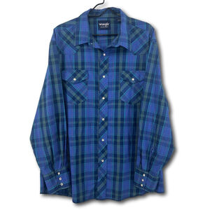 Wrangler Long Sleeve Shirt Pearl Snap Blue Green Plaid Men's XXL Western Rancher